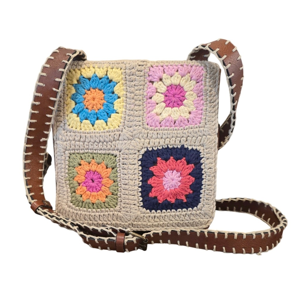 Patricia Nash Leather Crochet Granny Square Crossbody Bag Brown Boho Floral